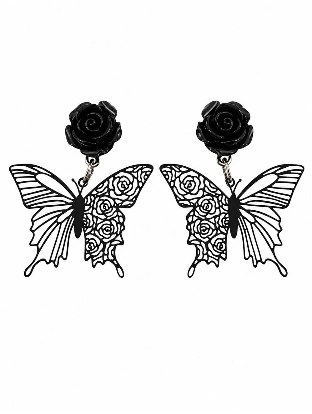 Vintage 1980s Black Rose Delicate Butterfly Goth Clip-on Earrings